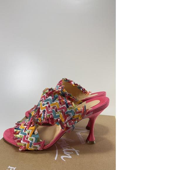 Meroine Pink Rainbow Woven 85mm raffia fringe heels mules D973 - Picture 4 of 11